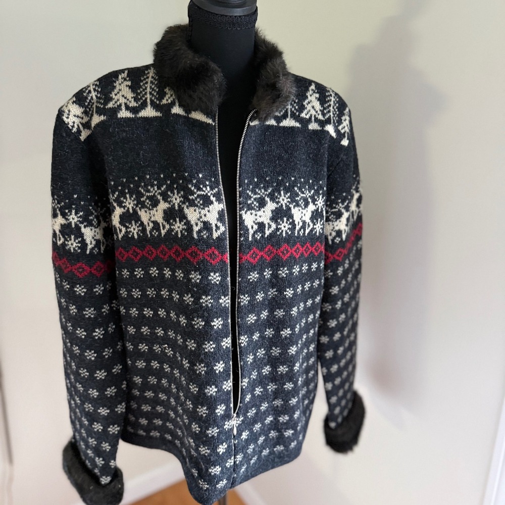 SKYR Vintage 100% Wool Nordic Reindeer Fair Isle Faux Fur Zip Jacket XL